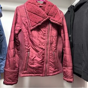 Prana Duva Sherpa Jacket Maroon Medium Quilted Faux Sherpa Collar REI Winter Fal